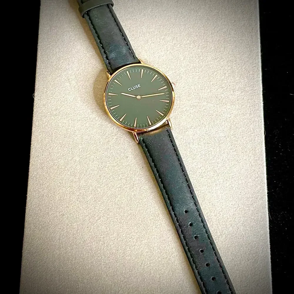 Cluse Minuit Womens Black Rose Gold Tone Leather Strap Watch